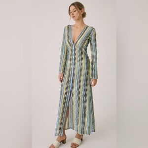 NWT Commense Knit Maxi Dress Striped Crochet Boho Resort Vacation Slit Beach XL